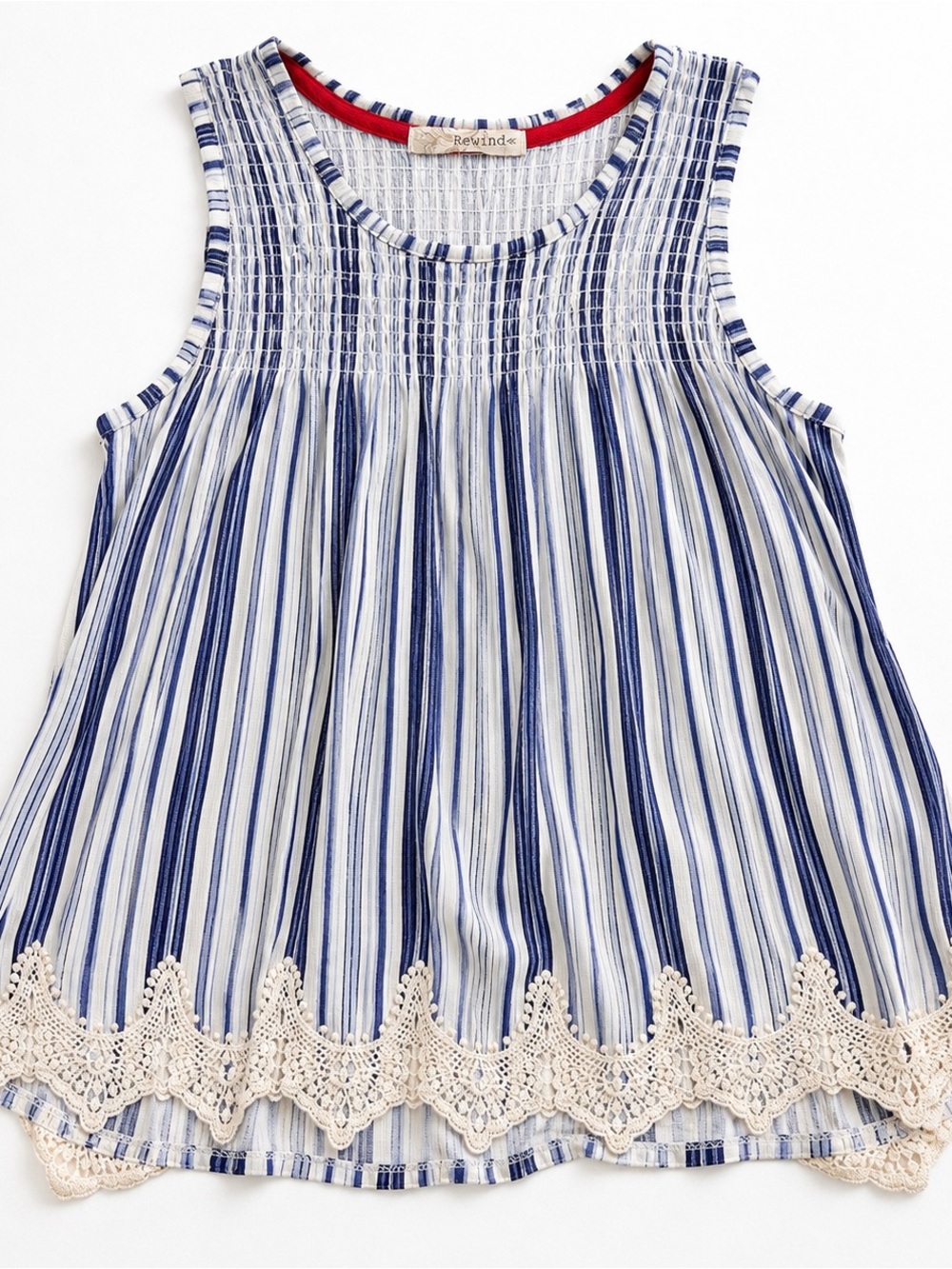 Rewind Blue White Striped Crochet Lace Hem Sleeveless Tank Top XS
